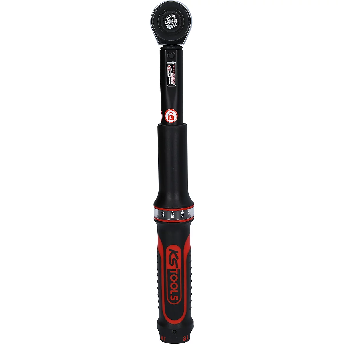 Drehmomentschlüssel von KS TOOLS, schwarz und rot. Das Bedienfeld und die Anzeige befinden sich im schwarzen Gehäuse.